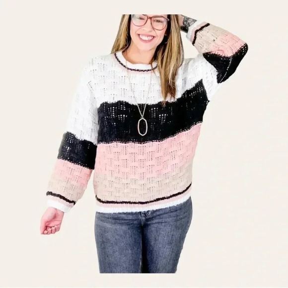 1221. BIBI TEXTURED SWEATER SIZE X-LARGE PINK/BLACK/TAN/WHITE IN COLOR BALLOON - Picture 2 of 13